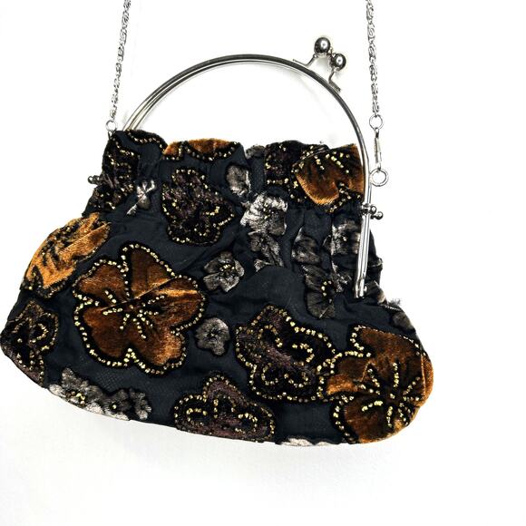 Brown, Black, Copper Floral Velvet Purse with Glitter Details and Satin Lining - Picture 3 of 9